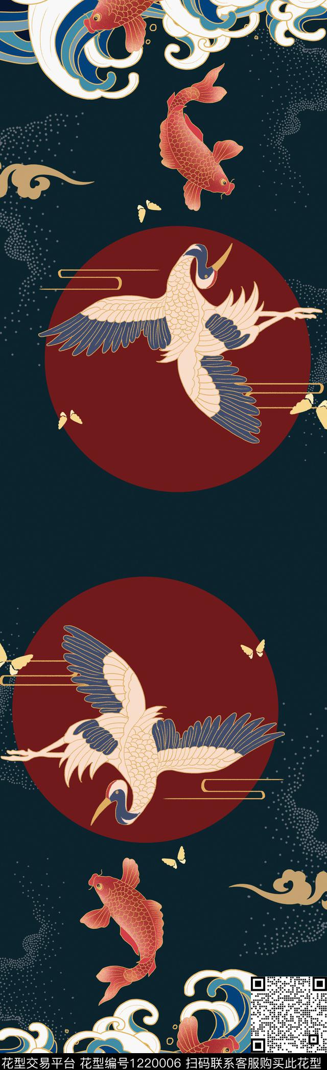 仙鹤红日锦鲤数码印花华亿平台下载（图片编号: 1220006） - 瓦栏（Walan）