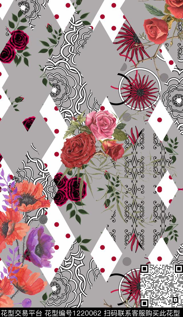 几何花卉混合拼接数码印花华亿平台下载（图片编号: 1220062） - 瓦栏（Walan）
