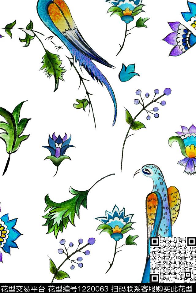 花卉花鸟满版散花数码印花华亿平台下载（图片编号: 1220063） - 瓦栏（Walan）