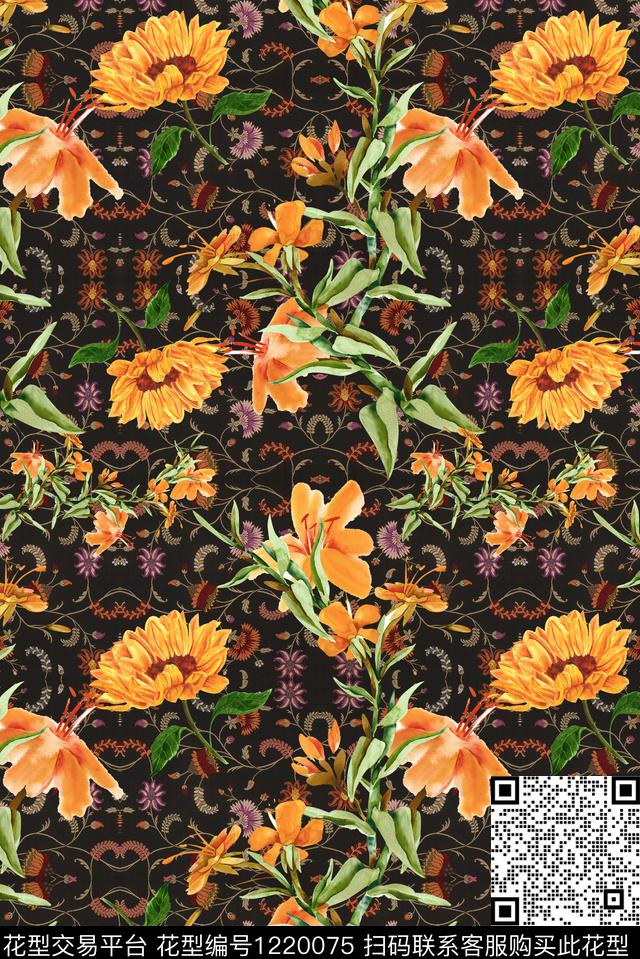 香云纱满版散花复古数码印花华亿平台下载（图片编号: 1220075） - 瓦栏（Walan）