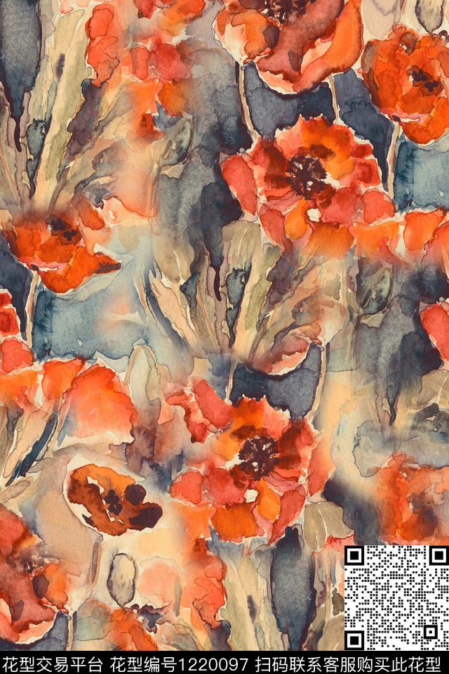真丝水彩花卉肌理数码印花华亿平台下载（图片编号: 1220097） - 瓦栏（Walan）