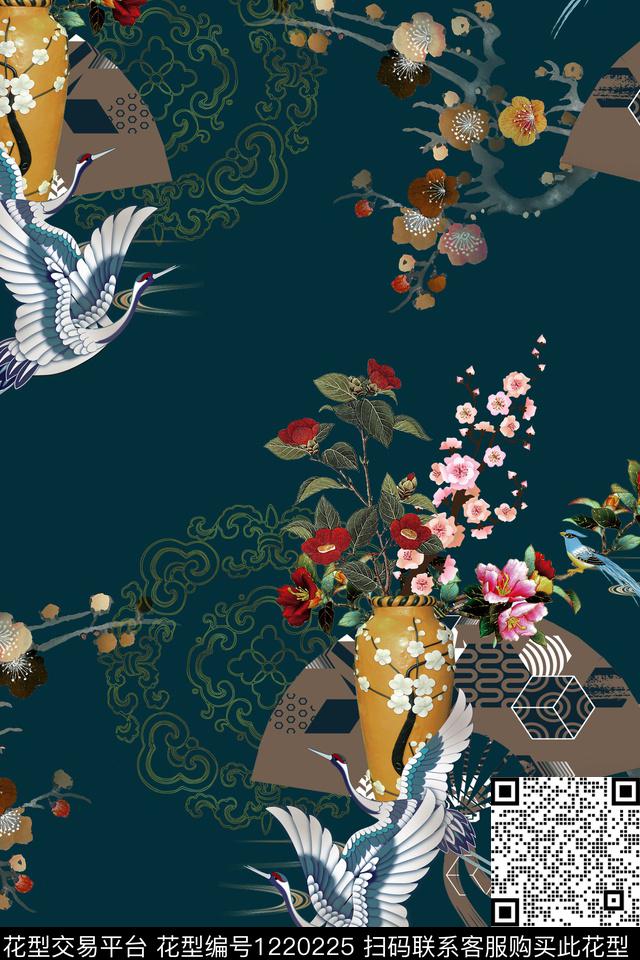 梅花仙鹤大牌风数码印花华亿平台下载（图片编号: 1220225） - 瓦栏（Walan）