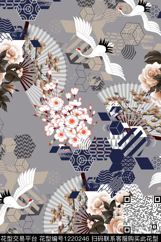 仙鹤大牌风旗袍数码印花华亿平台下载（图片编号: 1220246） - 瓦栏（Walan）