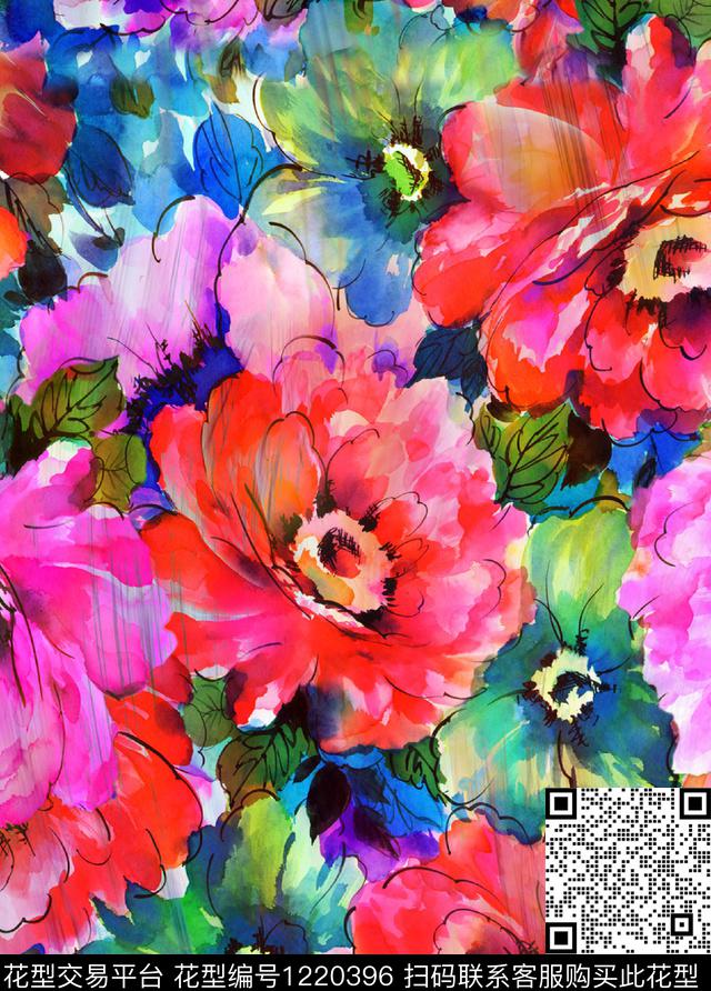 抽象手绘花卉数码印花华亿平台下载（图片编号: 1220396） - 瓦栏（Walan）