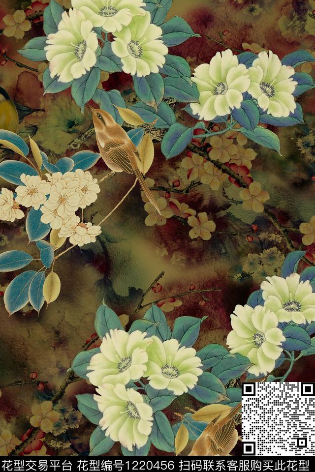 梅花花卉香云纱数码印花华亿平台下载（图片编号: 1220456） - 瓦栏（Walan）