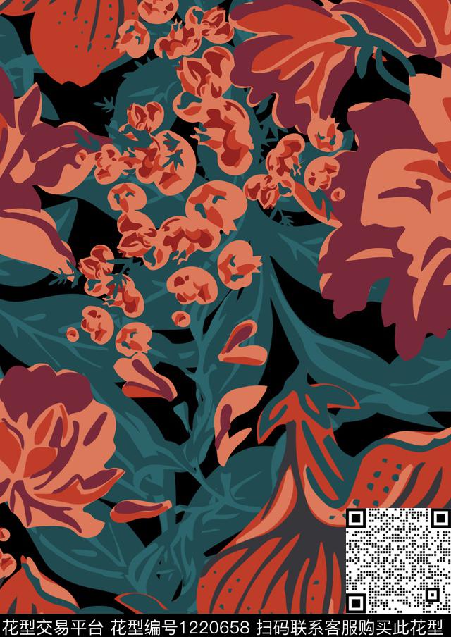 大花花卉大牌风传统印花华亿平台下载（图片编号: 1220658） - 瓦栏（Walan）