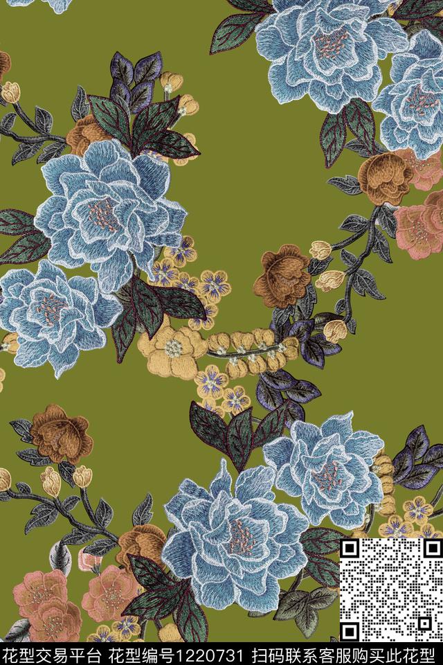 中国风刺绣花卉春夏复古色调数码印花华亿平台下载（图片编号: 1220731） - 瓦栏（Walan）