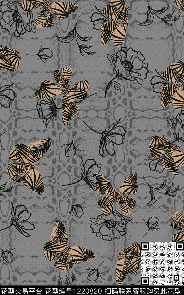 蝴蝶线条豹纹数码印花华亿平台下载（图片编号: 1220820） - 瓦栏（Walan）