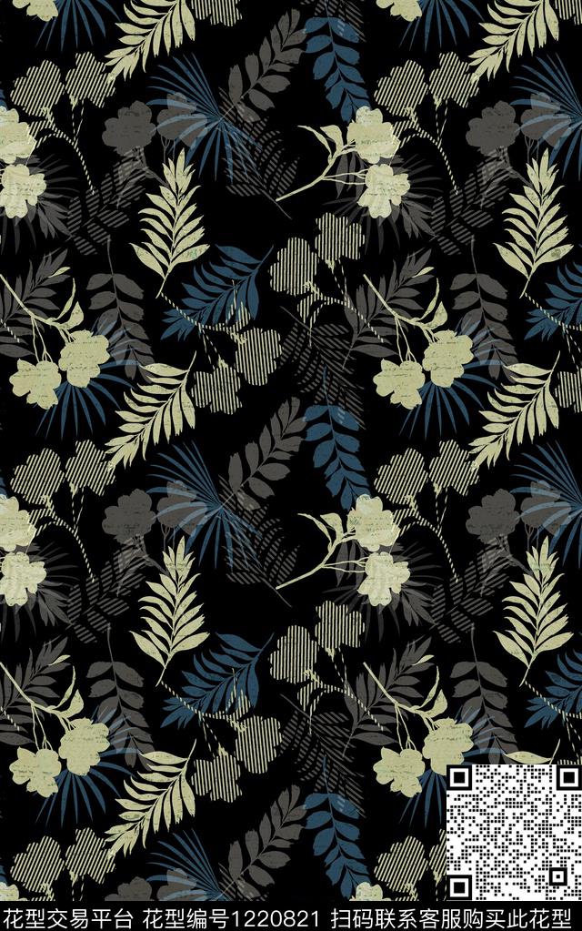 花卉黑底花卉秋冬华亿平台数码印花华亿平台下载（图片编号: 1220821） - 瓦栏（Walan）