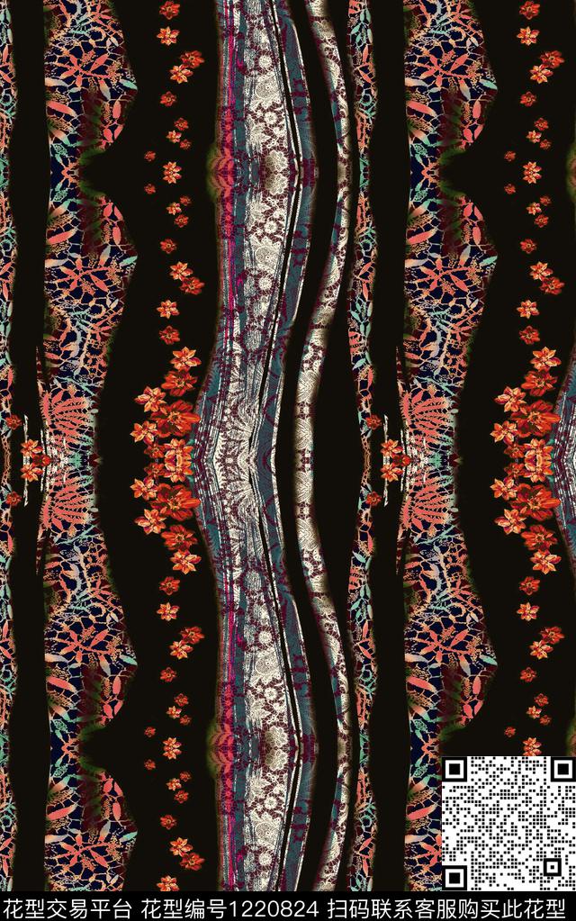 花卉线条民族风数码印花华亿平台下载（图片编号: 1220824） - 瓦栏（Walan）