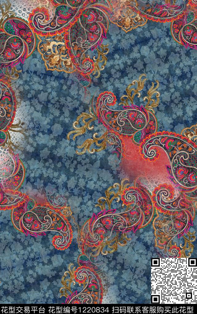 几何佩斯利民族风数码印花华亿平台下载（图片编号: 1220834） - 瓦栏（Walan）