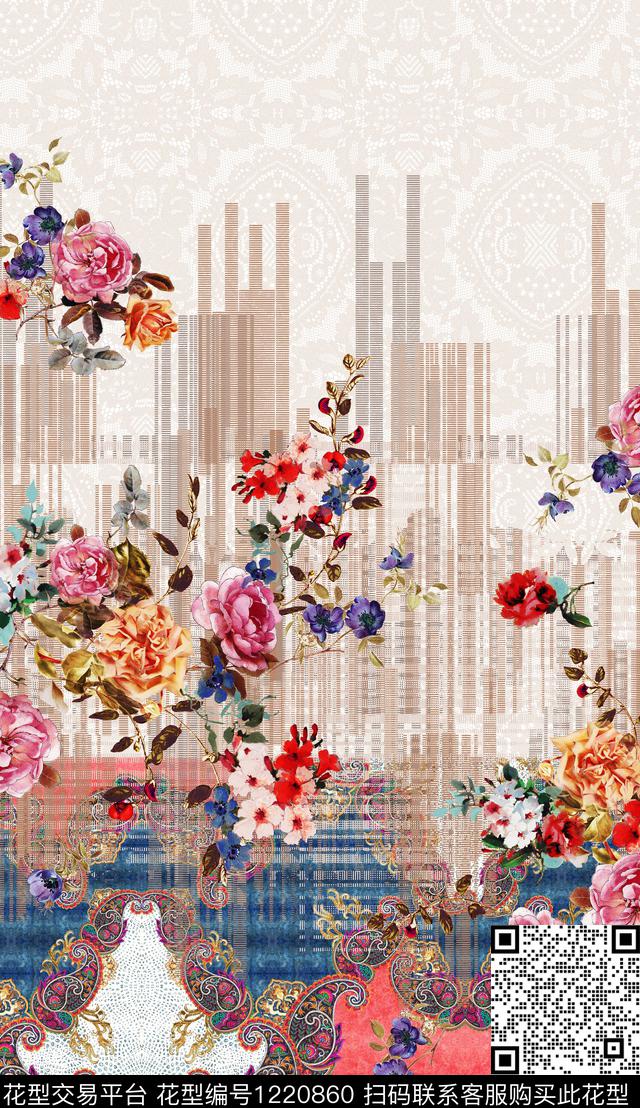 花卉大牌风定位花数码印花华亿平台下载（图片编号: 1220860） - 瓦栏（Walan）
