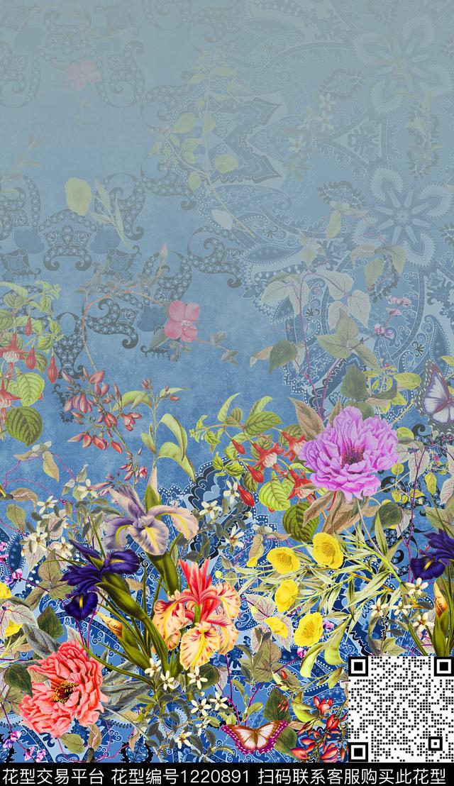 花卉大牌风定位花数码印花华亿平台下载（图片编号: 1220891） - 瓦栏（Walan）
