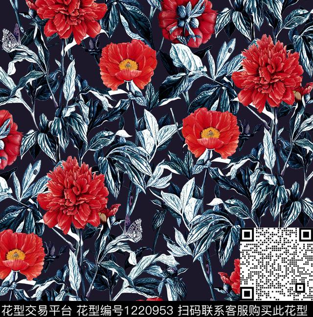 手绘大花康乃馨数码印花华亿平台下载（图片编号: 1220953） - 瓦栏（Walan）