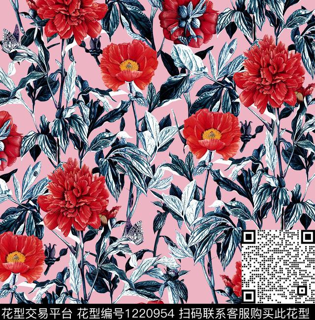 手绘大花手绘玫瑰康乃馨数码印花华亿平台下载（图片编号: 1220954） - 瓦栏（Walan）