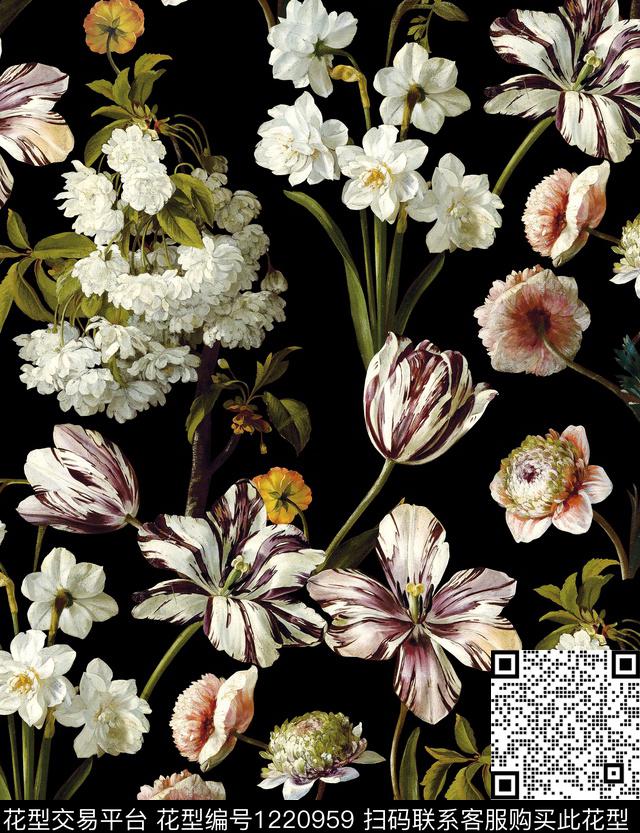 手绘大花康乃馨数码印花华亿平台下载（图片编号: 1220959） - 瓦栏（Walan）