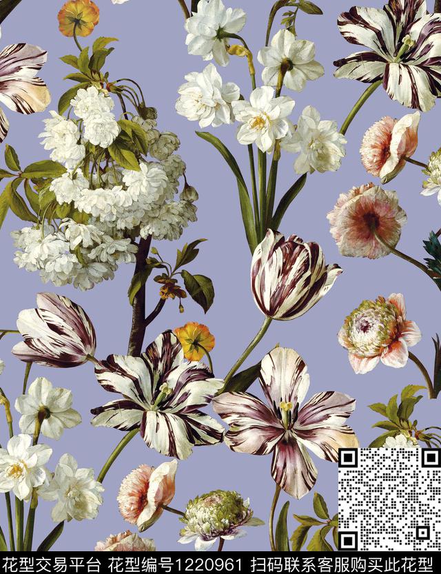 手绘大花手绘玫瑰康乃馨数码印花华亿平台下载（图片编号: 1220961） - 瓦栏（Walan）