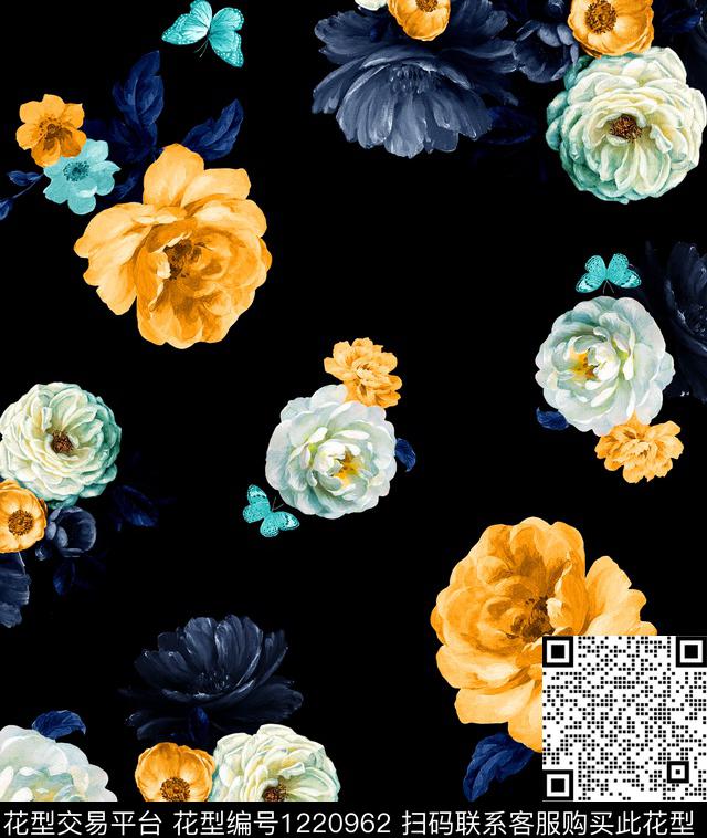 手绘大花手绘玫瑰康乃馨数码印花华亿平台下载（图片编号: 1220962） - 瓦栏（Walan）