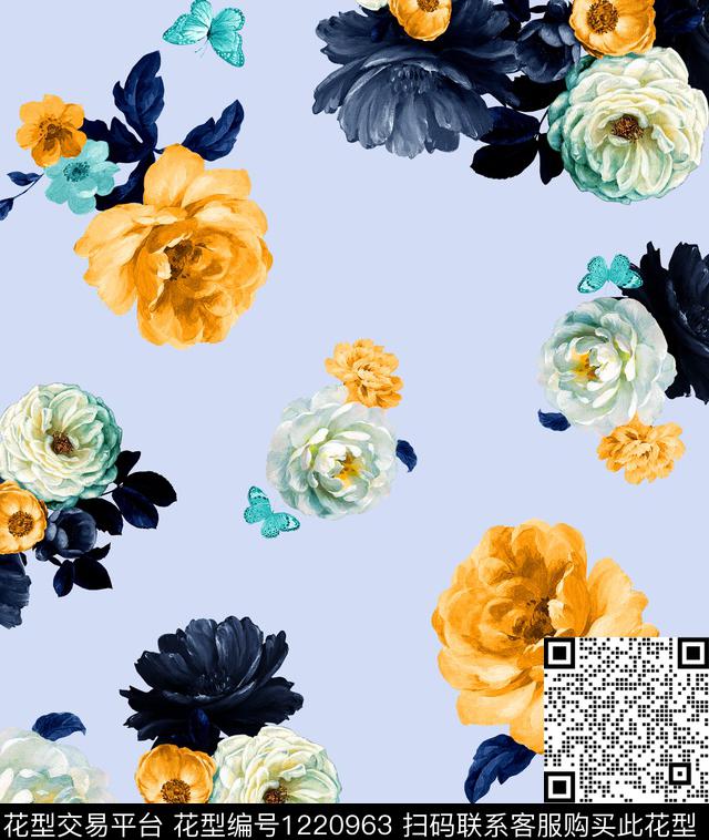 手绘大花手绘玫瑰数码印花华亿平台下载（图片编号: 1220963） - 瓦栏（Walan）