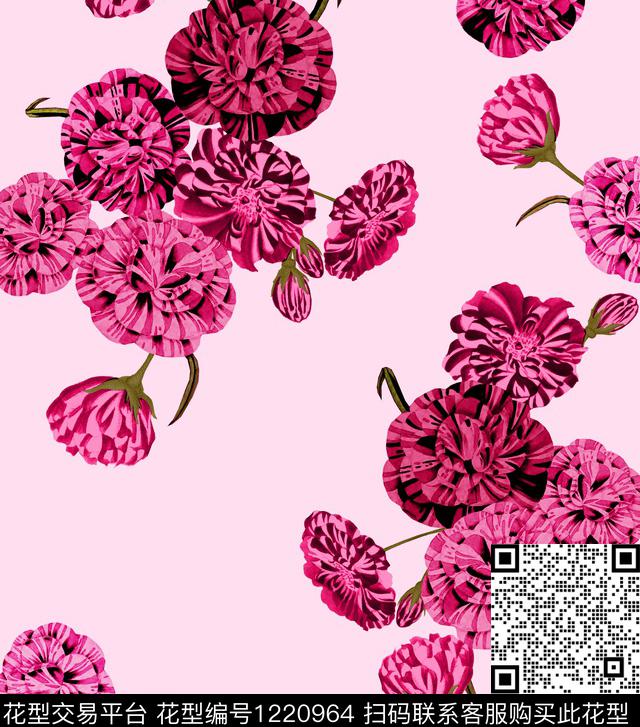 手绘大花康乃馨数码印花华亿平台下载（图片编号: 1220964） - 瓦栏（Walan）
