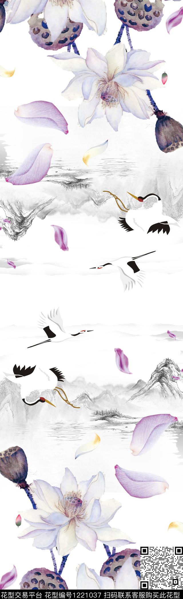 仙鹤花卉山数码印花华亿平台下载（图片编号: 1221037） - 瓦栏（Walan）