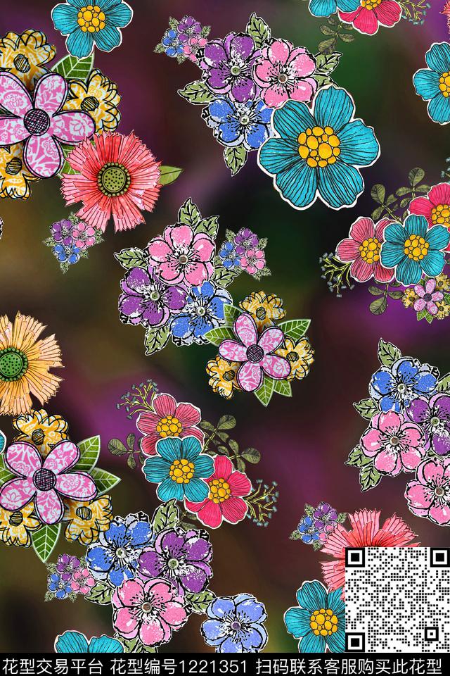 几何抽象时尚花卉数码印花华亿平台下载（图片编号: 1221351） - 瓦栏（Walan）