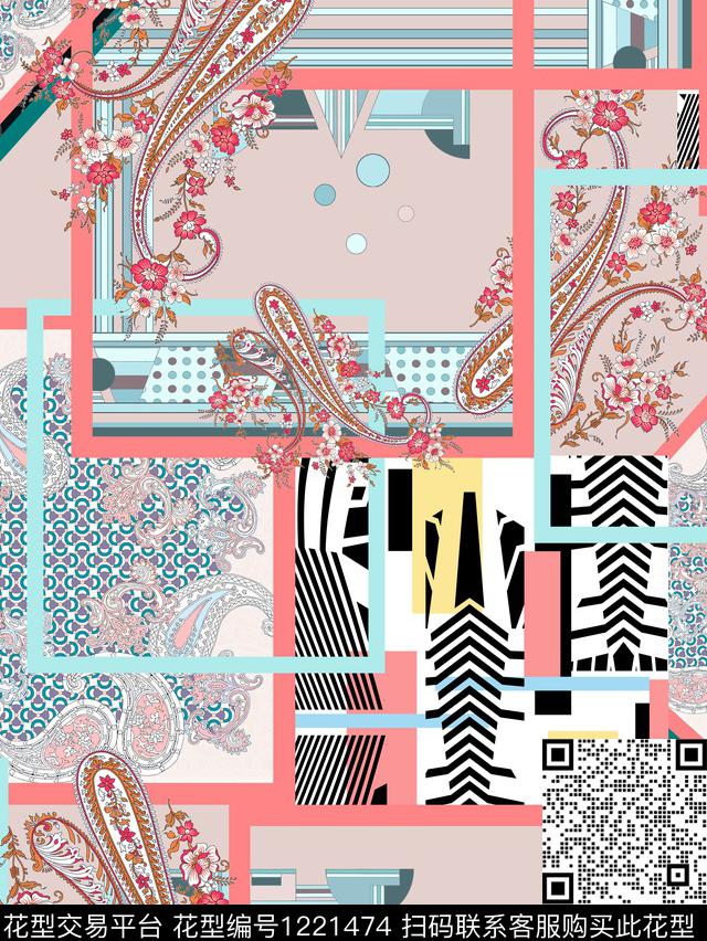 几何混合拼接民族风数码印花华亿平台下载（图片编号: 1221474） - 瓦栏（Walan）