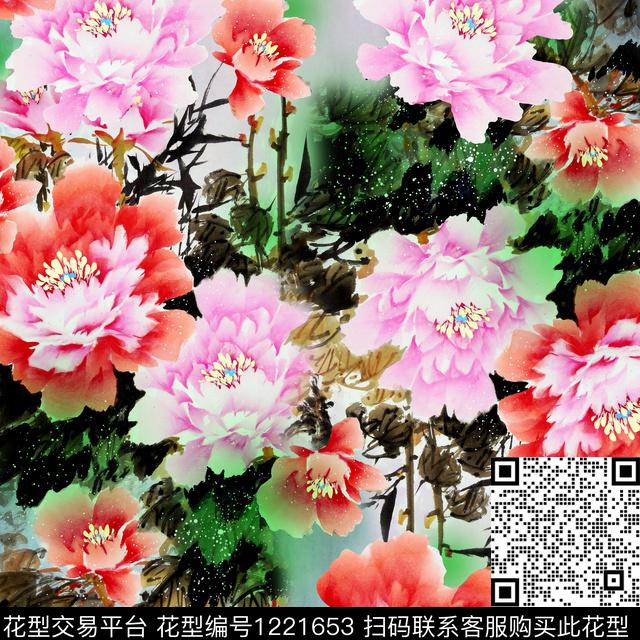 牡丹水墨风数码印花华亿平台下载（图片编号: 1221653） - 瓦栏（Walan）