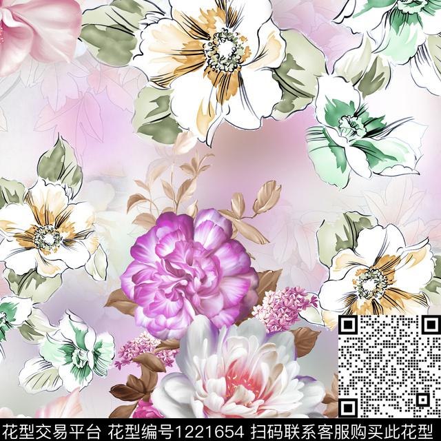花卉满版散花牡丹数码印花华亿平台下载（图片编号: 1221654） - 瓦栏（Walan）