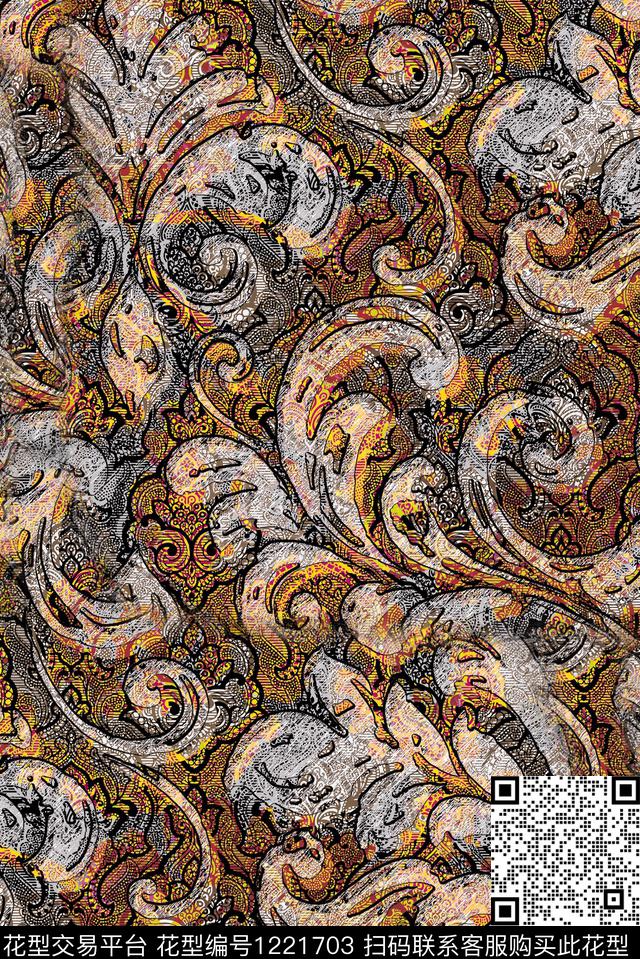 卷草抽象花卉复古数码印花华亿平台下载（图片编号: 1221703） - 瓦栏（Walan）