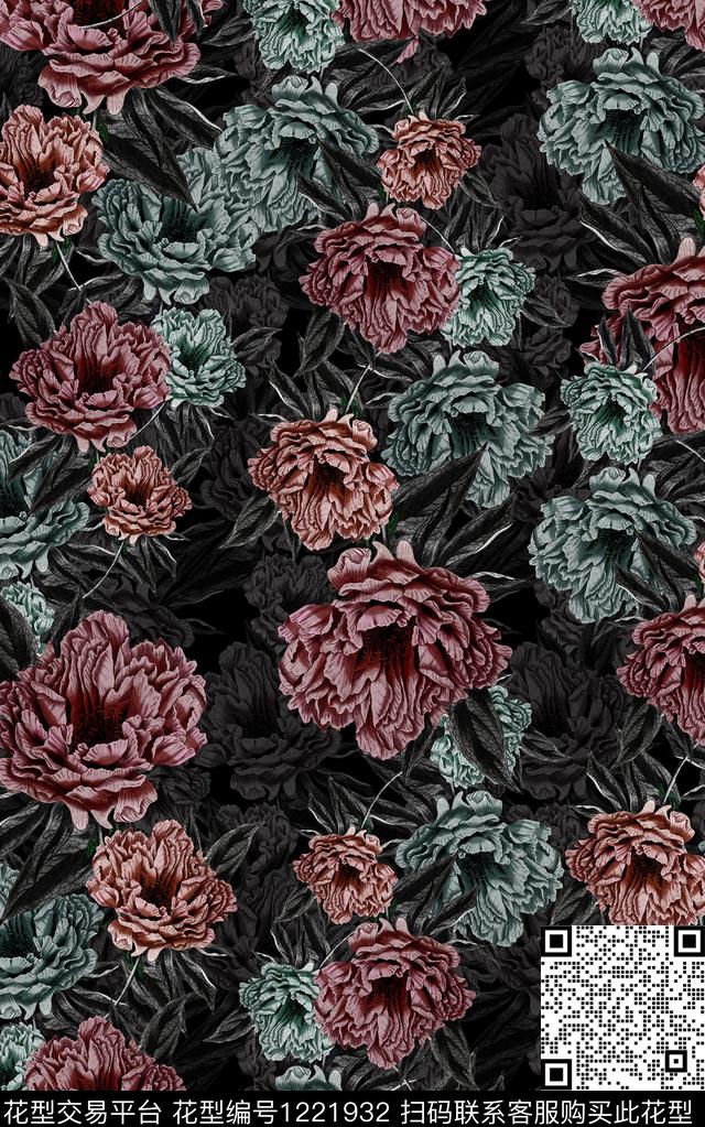 花卉手绘花卉黑底花卉数码印花华亿平台下载（图片编号: 1221932） - 瓦栏（Walan）