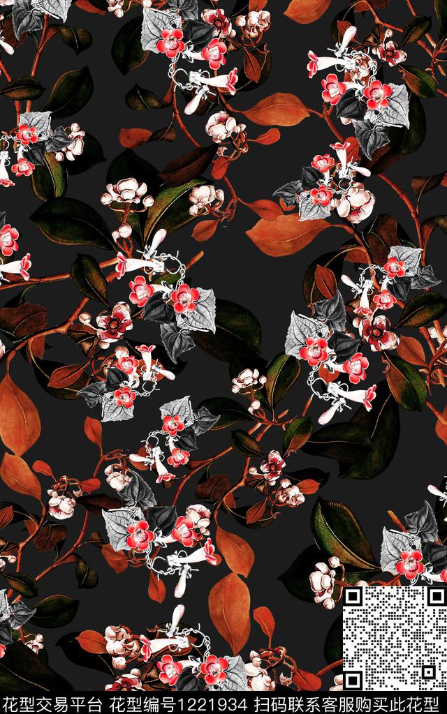 花卉手绘花卉黑底花卉数码印花华亿平台下载（图片编号: 1221934） - 瓦栏（Walan）