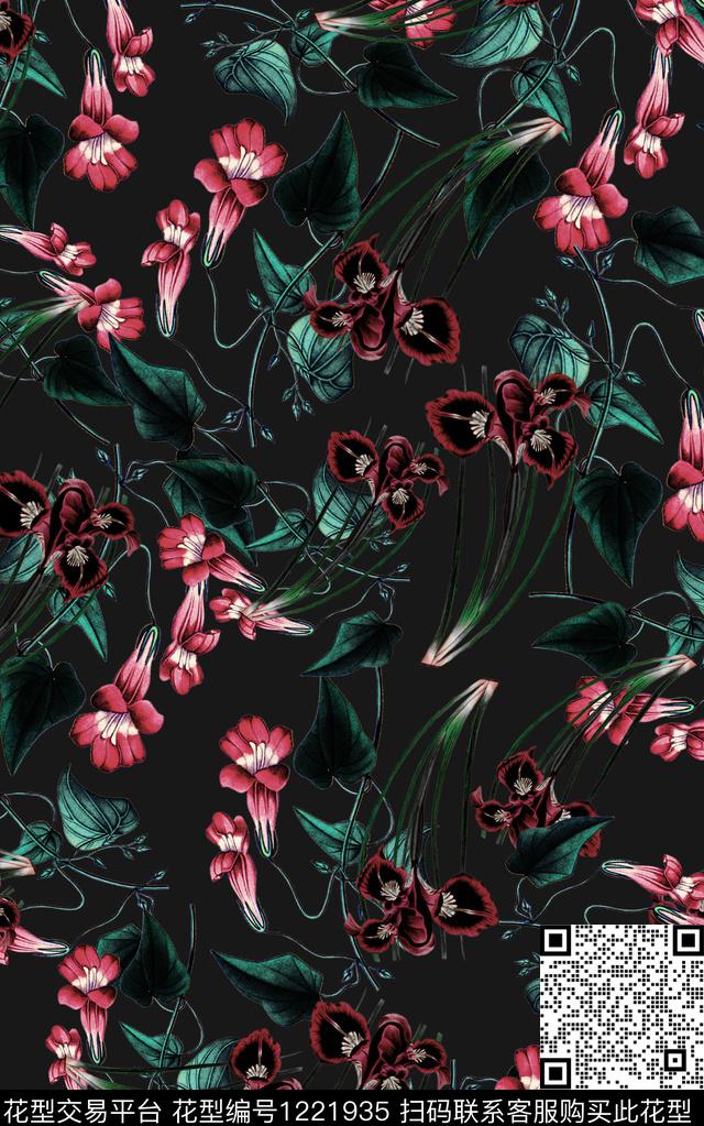花卉手绘花卉黑底花卉数码印花华亿平台下载（图片编号: 1221935） - 瓦栏（Walan）