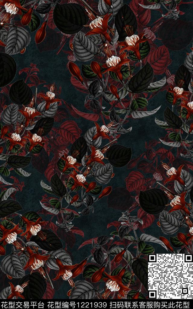 花卉手绘花卉黑底花卉数码印花华亿平台下载（图片编号: 1221939） - 瓦栏（Walan）
