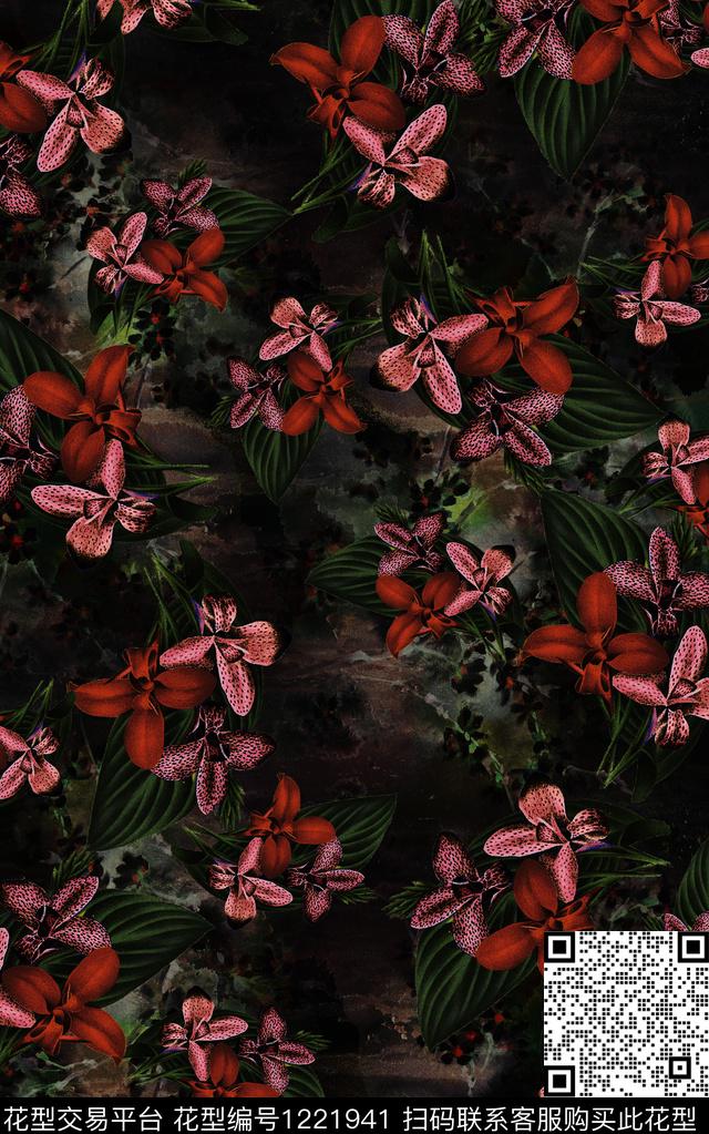 花卉手绘花卉黑底花卉数码印花华亿平台下载（图片编号: 1221941） - 瓦栏（Walan）