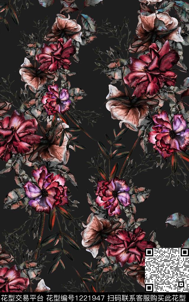 花卉手绘花卉黑底花卉数码印花华亿平台下载（图片编号: 1221947） - 瓦栏（Walan）