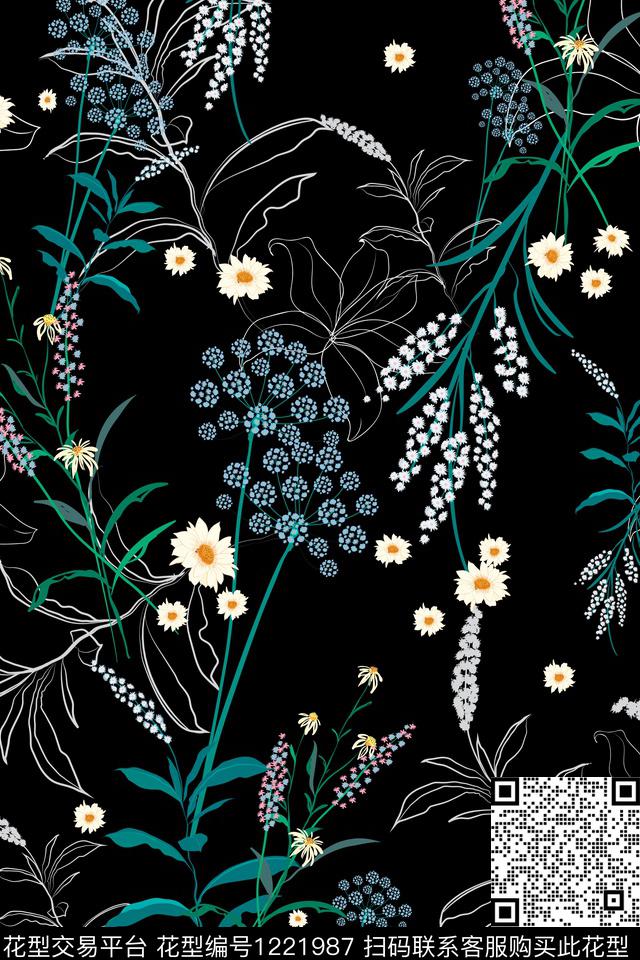 线条画花卉小碎花数码印花华亿平台下载（图片编号: 1221987） - 瓦栏（Walan）