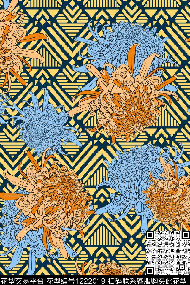 几何抽象花卉传统印花华亿平台下载（图片编号: 1222019） - 瓦栏（Walan）