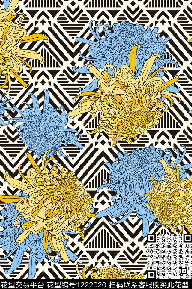 几何抽象花卉传统印花华亿平台下载（图片编号: 1222020） - 瓦栏（Walan）