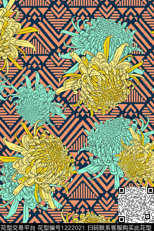 几何抽象花卉传统印花华亿平台下载（图片编号: 1222021） - 瓦栏（Walan）