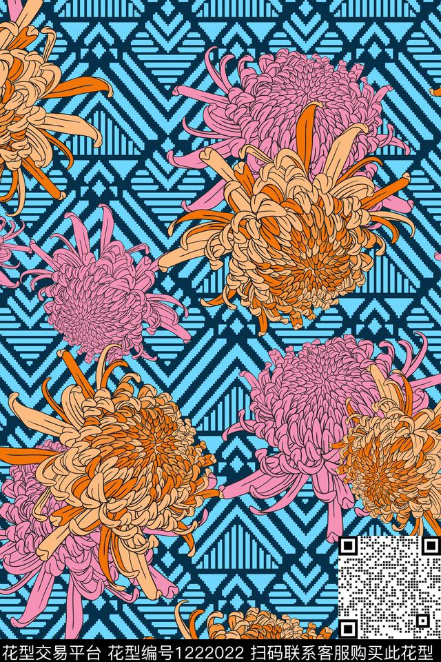 几何抽象花卉传统印花华亿平台下载（图片编号: 1222022） - 瓦栏（Walan）