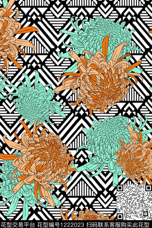 几何抽象花卉传统印花华亿平台下载（图片编号: 1222023） - 瓦栏（Walan）