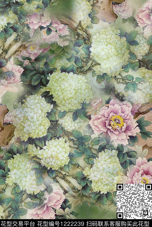 国画手绘花卉中国风花卉数码印花华亿平台下载（图片编号: 1222239） - 瓦栏（Walan）
