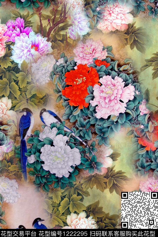 月季花国画手绘花卉数码印花华亿平台下载（图片编号: 1222295） - 瓦栏（Walan）