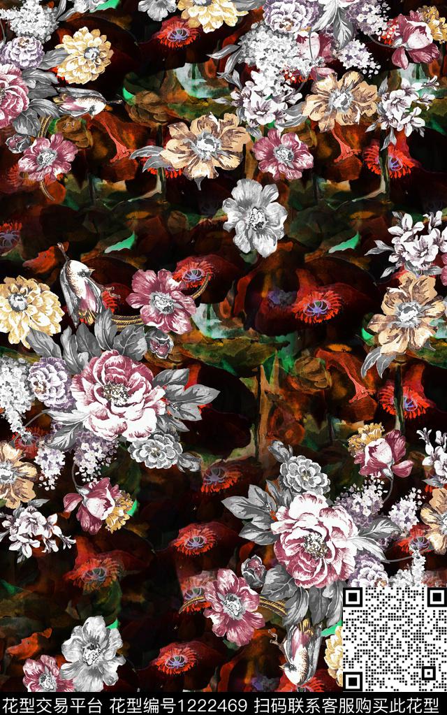 花卉手绘花卉中老年数码印花华亿平台下载（图片编号: 1222469） - 瓦栏（Walan）