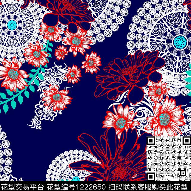 藏青大红花几何花夲组合名族风范传统印花华亿平台下载（图片编号: 1222650） - 瓦栏（Walan）