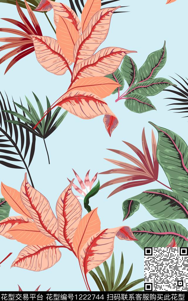 大牌风花卉绿植树叶数码印花华亿平台下载（图片编号: 1222744） - 瓦栏（Walan）
