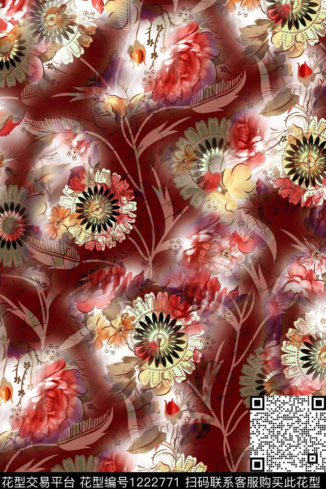 真丝肌理手绘花卉数码印花华亿平台下载（图片编号: 1222771） - 瓦栏（Walan）