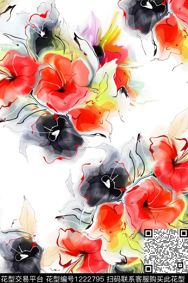 抽象水彩花卉数码印花华亿平台下载（图片编号: 1222795） - 瓦栏（Walan）