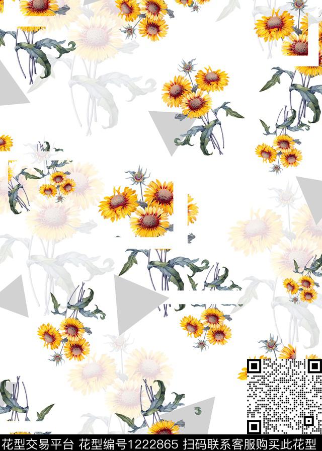 大牌风几何花卉向日葵数码印花华亿平台下载（图片编号: 1222865） - 瓦栏（Walan）